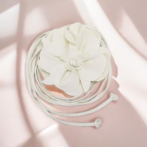 Boho Big Flower PU Leather Waist Belt Chain for Women Rose Floral Camellia Long Tassel Adjustable Waist Band Jewelry - color: White