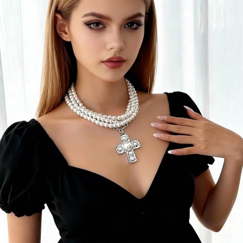 Chunky Cross Necklace for Women Chunky Gold Necklace Statement Cross Pendant Vintage Toggle Clasp Necklace Jewelry for Women - color: G2-Silver Cross Necklace