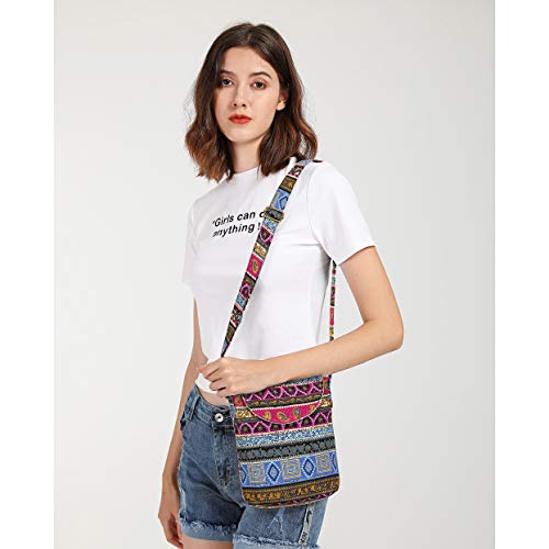OPQRSTU Women's Retro Small Size Canvas Shoulder Bag Hippie Boho Crossbody Handbag - color: Rose Red
