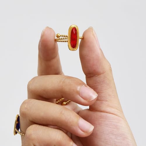 18K Gold Plated Adjustable Twisted Rings for Women Non Tarnish Oval Czech Glass Stone Stainless Steel Statement Rings Open Gemstone Boho Stackable Band Jewelry - color: Red