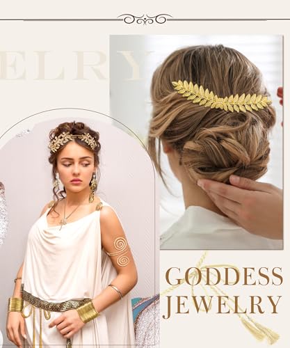 17 Pcs Greek Goddess Costume Accessories Set for Women Golden Leaf Headband Hair Clips Upper Earrings Arm Cuff Earrings Belt Toga Party Jewelry