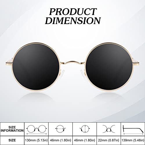 Round Polarized Sunglasses Men Women,Retro Metal Hippie Shades with 100% UV Protection - color: B5- Golden Frame Black Lens + Golden Frame Brown Lens