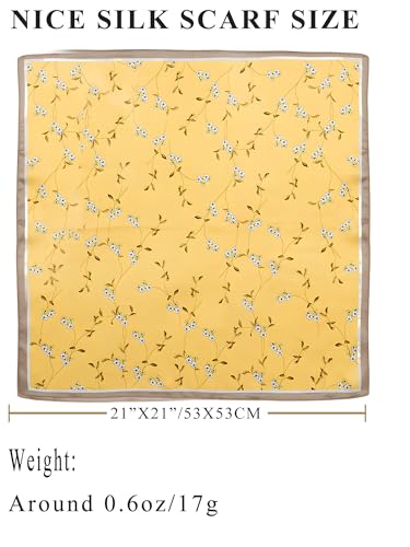 100% Mulberry Silk Scarf for Women Hair Lightweight Square Neckerchief Wrap For Head Scarves 21" - color: 15-bright Yellow Branches /21"*21"