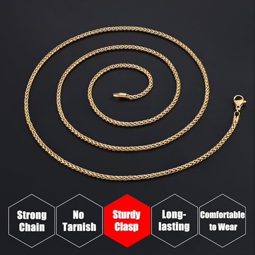 Fiusem Wheat Chains for Men and Women, 2/2.5/3/4/5mm Silver Tone/14K Gold Plated/Black Necklace Chain, Stainless Steel Mens Necklace 16-28 Inch - size: 28 Inches, style: Gold 2MM