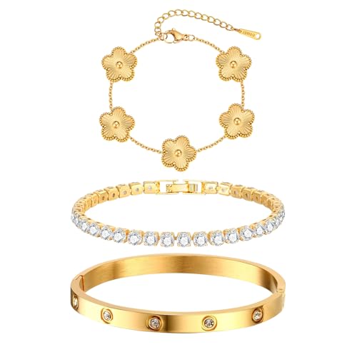 Womens Stackable Floral Gold Bracelets - 3Pcs 18K Gold Plated Bracelet,Stainless Steel Bangle Bracelets Non Tarnish, Gold Bracelet Set Trendy Jewelry,Christmas Valentines Birthday Gifts for Girlfriend - color: Gold