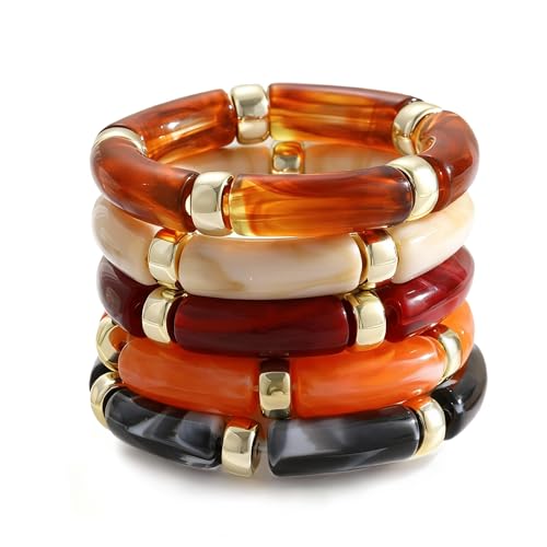 iF YOU 6pcs Chunky Acrylic Bangle Bracelets for Women, Resin Bamboo Brown Stretchy Bracelet Stack, Fashion Jewelry for Women - color: 5pcs-orange & red & brown bangles