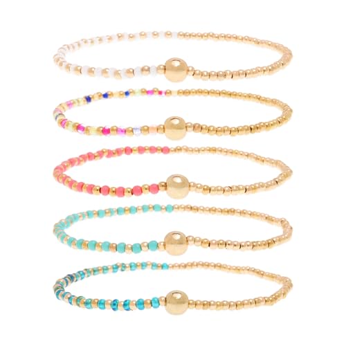 Gold Beaded Stackable Friendship Bracelets Set for Women, Handmade Boho Stretch Summer Jewelry Gift. - color: gold white green pink
