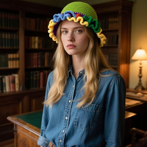 Handmade Crochet Bucket Hat for Women Boho Chic Slouchy Design Colorblock Ruffled Brim Festival&Daily Crochet Hat - color: Green Crown