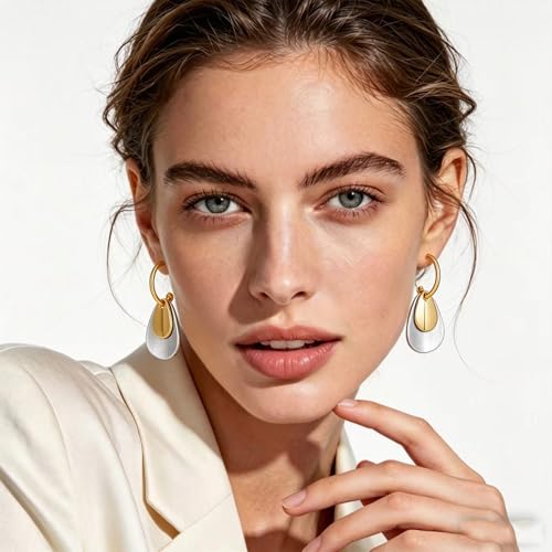 Gold and Silver Hoop Dangle Earrings for Women Trendy Two Tone Geometric Earrings Mixed Metal Earrings Jewelry