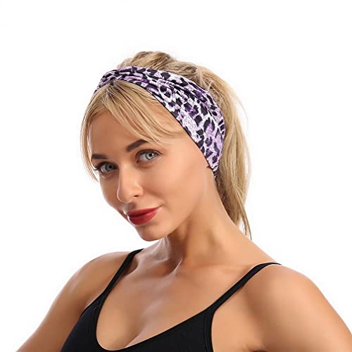 Woration Headband Yoga Leopard Print Cross Wide Elastic Headwear Head Wrap Hairband Twist Turban Knot Head wrap Hair Accessories for Women, Girls - Purple - color: Leopard E