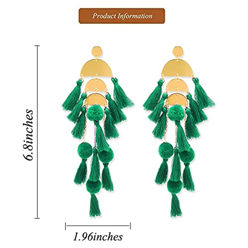 Long Tassel Earrings for Women Colorful Fringe Drop Dangle Earrings Bohemian Hawaiian Summer Beach Jewelry for Womens Vacation Outfits - color: Green