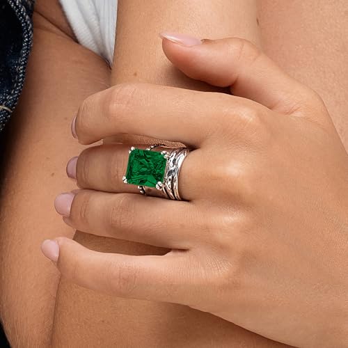 JEAN RACHEL JEWELRY 925 Sterling Silver Ring - Hammered Vintage Design with Octagon Shaped Cubic Zirconia - Hypoallergenic, Lead & Nickel Free - Artisan Handcrafted Statement Rings for Women - color: Emerald CZ