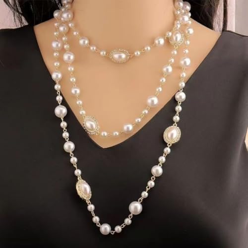 Layered Pearl Necklaces for Women Big Pearl Long Chain Necklace Dainty Faux Pearl Necklaces Statement Sweater Strand Chain Jewelry - style: SetG