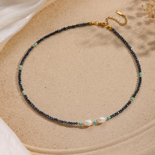 Turquoise Choker Necklace for Women, Western Crystal Bead & Pearl Necklace with Adjustable Chain Natural Stone Energy Jewelry, Boho Beaded Choker for Gifts - color: Turq Baroque Pearl