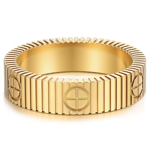 PDWZNBA Mothers Day Gifts for Mom Linear Stripe Textured Ring | 14K Gold-Plated Stainless Steel Promise & Friendship Ring, Wedding Band, Birthday Gifts for Women - color: CGold, size: 8