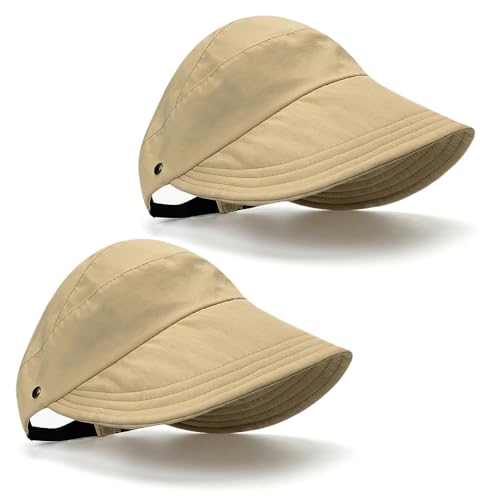 2 Pcs Women's Trendy Breathable Sun Hat, 2026 New Wide Brim UV Protection Hollow Top Sun Hat Summer Beach Packable Visor - color: Khaki