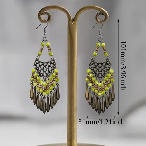 Handmade Vintage Bronze Bohemian Long Tassel Colorful Bead Dangle Drop Earrings Big Tribal Chandelier Geometry Hook Earrings for Women Statement Jewelry Gifts - color: Bright Green