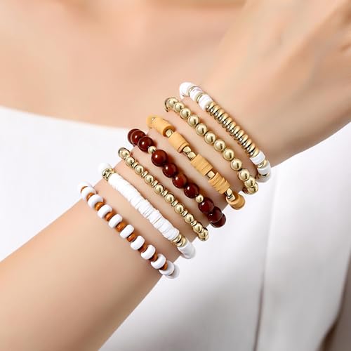 XIANNVXI 7pc Heishi Clay Bead Bracelets for Women Gold Plated Beaded Bohemian Stackable 6.8In Stretch Bracelets Elastic Layering Friendship Jewelry Boho Gift Set - color: Light Brown