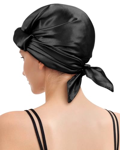 Satin Wrap Cap Hair Net and Scarf Combo for Silk Press - Soft Hair Net with Scarf for Sleeping, Protective Hair Wrap Scarf (Black) - color: Black