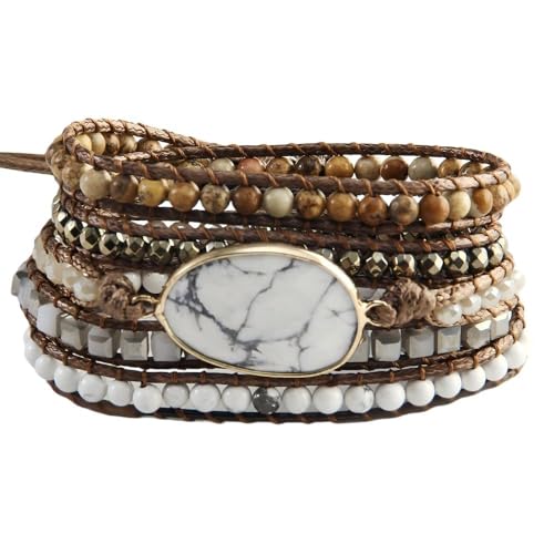 Women Wrap Bracelet Boho Natural Jasper Crystal Stone Beads Strand Bracelets - color: White Turquoise