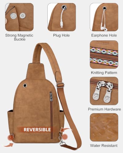 FADEON Large Sling Bag for Women, Leather Crossbody Purse Designer Anti Theft Sling Backpack, RFID Fanny Packs for Travel - color: Camel Brown Nubuck Style