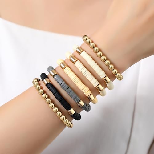 XIANNVXI 7pc Heishi Clay Bead Bracelets for Women Gold Plated Beaded Bohemian Stackable 6.8In Stretch Bracelets Elastic Layering Friendship Jewelry Boho Gift Set - color: Surfer