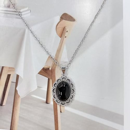 Vintage Oval Red Gemstone Pendant Antique Necklace for Women Goth Y2k Choker Punk Victorian Gothic Statement Crystal Cameo Oxidized Pewter Frame Charm Retro Clavicle Chain Halloween Party Jewelry 20'' - color: Black