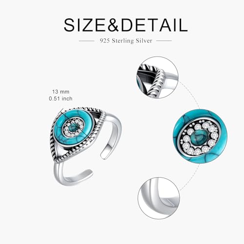 925 Sterling Silver Turquoise Exquisite Evil Eye Ring with CZ Boho Style Adjustable Rings Jewelry Gifts for Women Mother