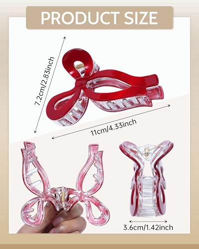 Mesovor 4 Pack Elegant Bow Hair Claw Clips, Nonslip 4.3" Large Hair Grip Hairclips for Thin and Thick | Acrylic Hair Strong Hold Hair Jaw Clamps (Cherry Red, Beige, Leopard) - color: Cherry Red, Beige, Leopard