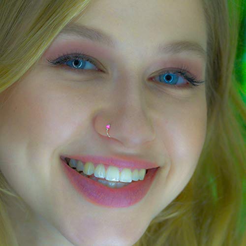 925 Sterling Silver & 14K Gold Filled Nose Ring Hoop Handmade Piercing Jewelry For Women - 24 Gauge 2mm,7mm Tiny Nose Ring with Opal - Gift Ready - color: Pink Opal Silver