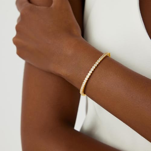 Turandoss Gold Bangle Bracelets for Women - Dainty 14K Gold Plated Tennis Bangle Bracelet Personalized Cubic Zirconia Oval Cuff Bracelets Jewelry Gifts - color: Half CZ Bangle - Round Tennis