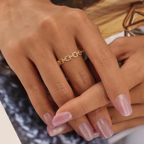 Coshilta 14K Gold Plated Cubic Zirconia Ring for Woman, Multi CZ Simulated Diamond Cluster Ring Marquise Round Rings Thin Stackable Knuckle Band Trendy Jewelry Gift Size 6-10 - color: Chain