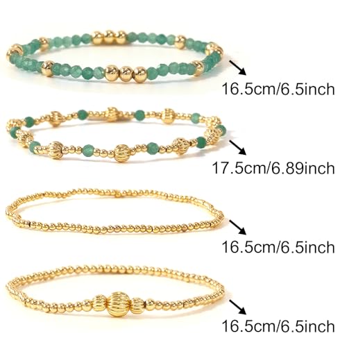 Dainty 14K Gold Lantern Beaded Bracelets Stack for Women,4PCS Colorful Glass Beads Stretch Stackable Bracelets Set Fashion Prom Jewelry Gift Friendship - color: Green
