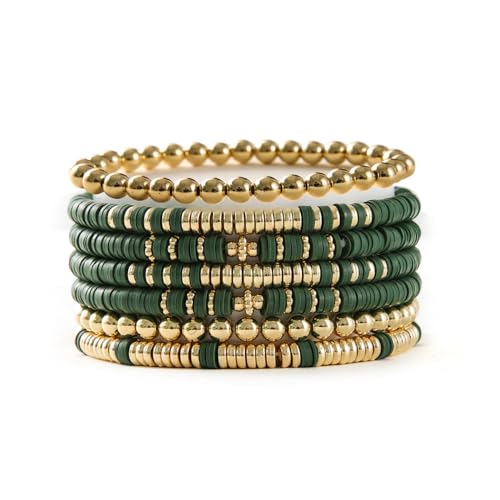 Heishi Clay Bead Bracelets Pack for Women Boho Friendship Stretch Bracelets Set Stackable Gold Beads Bracelets Jewelry for Gift