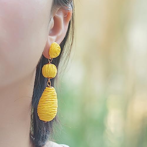 Boho Raffia Earrings Statement Dangle Earrings Cute Teardrop Ball Earrings Colorful Summer Jewelry Handmade Rattan Earrings for Women - color: Yellow
