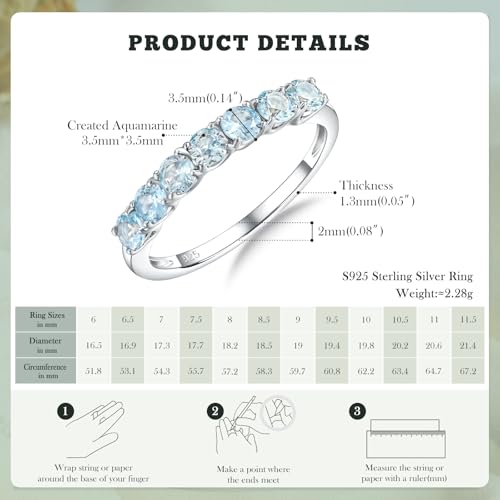 3.5mm Stackable Rings S925 Sterling Silver Created Birthstone & Cubic Zirconia Ring for Women Wedding Bands Anniversary Birthday Jewelry Size 6 to 10(with Box) - color: 03-Created Aquamarine-Mar
