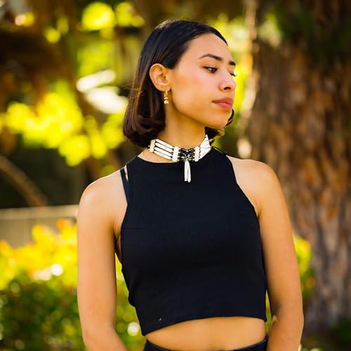 Native American Style Choker Necklace, Black/White 4 Row W/Tassels | American Indian Inspired Jewelry With Authentic Buffalo Bone Hairpipe Beads
