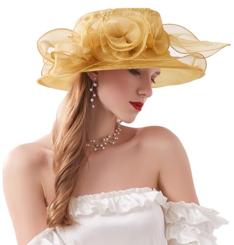 ORIDOOR Women’s Organza Church Tea Party Wedding Fascinator Derby Hat Wide Brim Sun Hats - color: D1-gold