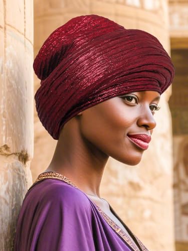 Woeoe African Head Wraps for Black Women Gold Pre Tied Headdress Wedding Turban Hats - color: Burgundy