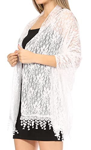 Sakkas Mari Women's Large Lightweight Soft Lace Scarf Wrap Shawl Floral and Fringe - color: Style3-white