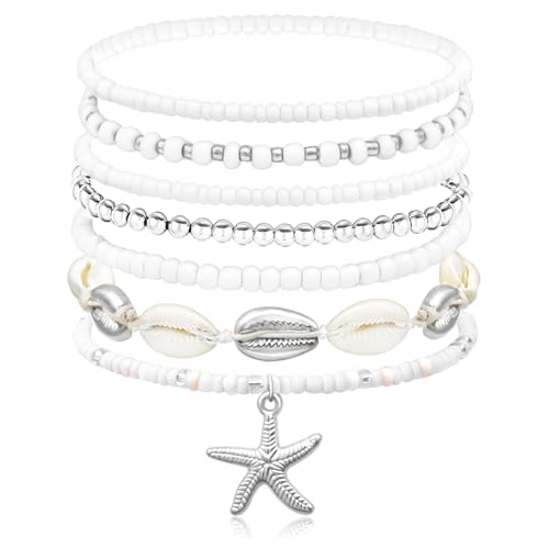 Beach Bracelets for Women Bohemian Stackable Heishi Surfer Bracelet Set Elastic Seashell Starfish Boho Friendship Bracelets for Summer Beach Party Holiday Vacation Jewelry - color: 7PCS-Silver