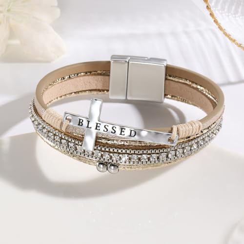 Turquoise Leather Wrap Bracelet for Women Cross Boho Beaded Stack Wrap Cuff Bracelets Stackable Crystal Bangle With Gold Silver Bohemian Jewelry Gift - color: blackcross