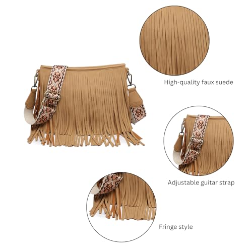 JEN & CO. Sadie Fringe Crossbody Bags for Women Vegan Suede Shoulder Purse with Adjustable Guitar Strap Boho Handbag - color: Brown