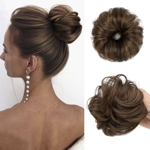 CJL HAIR 2PCs Small Cute Messy Bun Hair Piece for Thin Hair Women Mini Synthetic Curly Bun Scrunchies Updo Hairpieces Coffee Brown - color: 2PCS-Coffee Brown