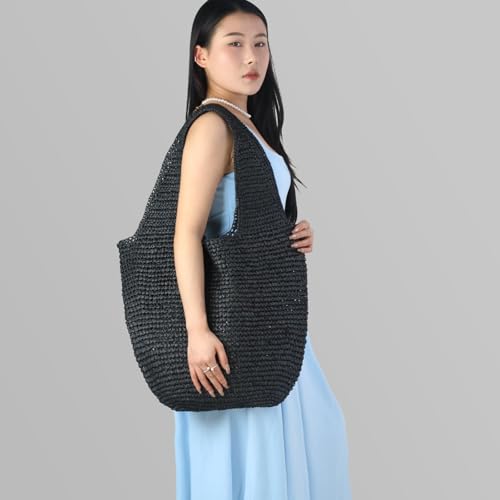 Beach Bags for Women,Summer Soft Large Woven Shoulder Handbags Boho Straw Tote Bags for Travel Vacation 2026 - color: Black