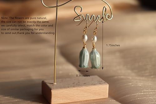 All natural delicate Campanula flowers paired with pearl drop earrings are handmade and unique，Vintage-Style Pearl Drop Earrings, Blue Glass Bell Flower Design, Gold-Tone Hooks，Real Preserved Bellflower & Freshwater Drop Earrings | Handmade Hypoallergenic
