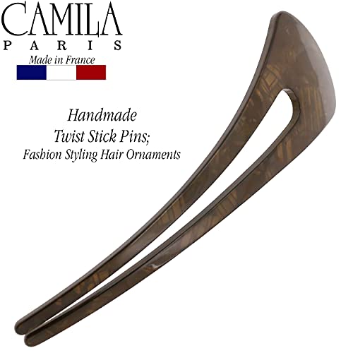 Camila Paris CP3163 French Twist Stick Clip Pins, Brown, Wavy Hair Pin U-Shaped Hair Fork for Girls Spiral Updo Chignon Bun Holder, Fashion Flexible Styling Hair Accessories for Women, Made in France - color: 2-Prong Brown