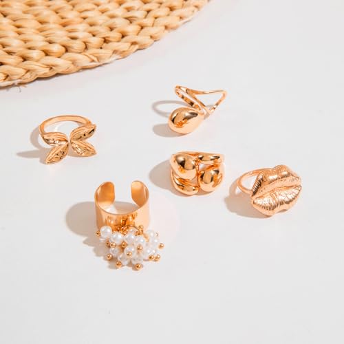 5Pcs Chunky Gold Ring Sets Vintage Lip Pearl Flower Knuckle Statement Ring Set Irregular Stacking Open Ring Set Punk Fashion Jewelry Accessories for Women - color: Gold