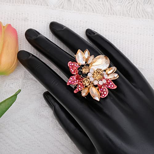 CSY Luxury Women's Austrian Crystal Leaves Flower Big Cocktail Statement Rings Stretch Adjustable Ring Jewelry Accessories - color: red and champagne