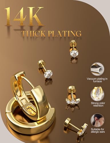 Hypoallergenic Flat Back Earrings Stacks for Women - Surgical Steel Studs Small Hoop Flatback Stud Cartilage Earring Sets for Multiple Piercing Jewelry 14K Gold/Silver Plated 9Pairs